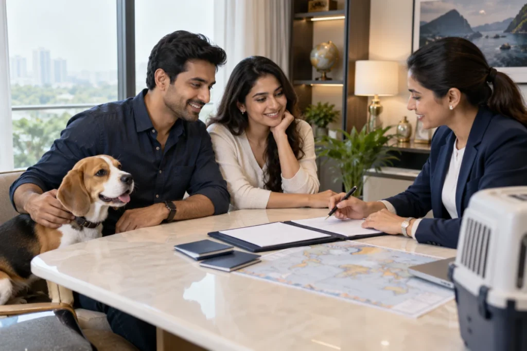 Illustrative consultation with pet owners and a dog