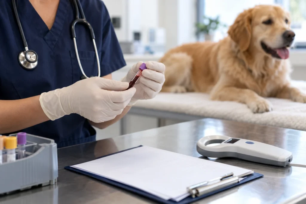 Illustrative blood test (rabies titre) scene