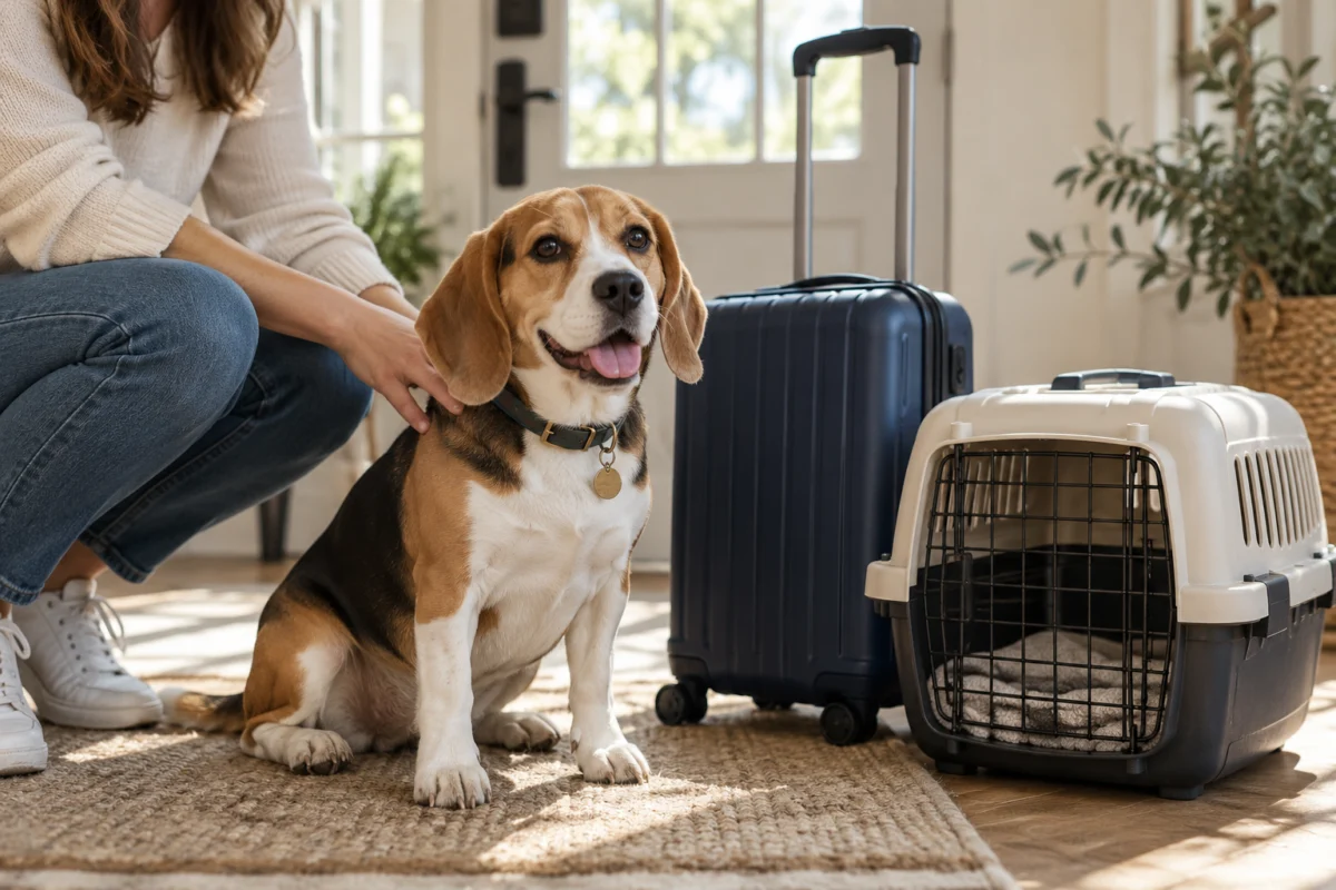 Illustrative happy dog beside travel luggage