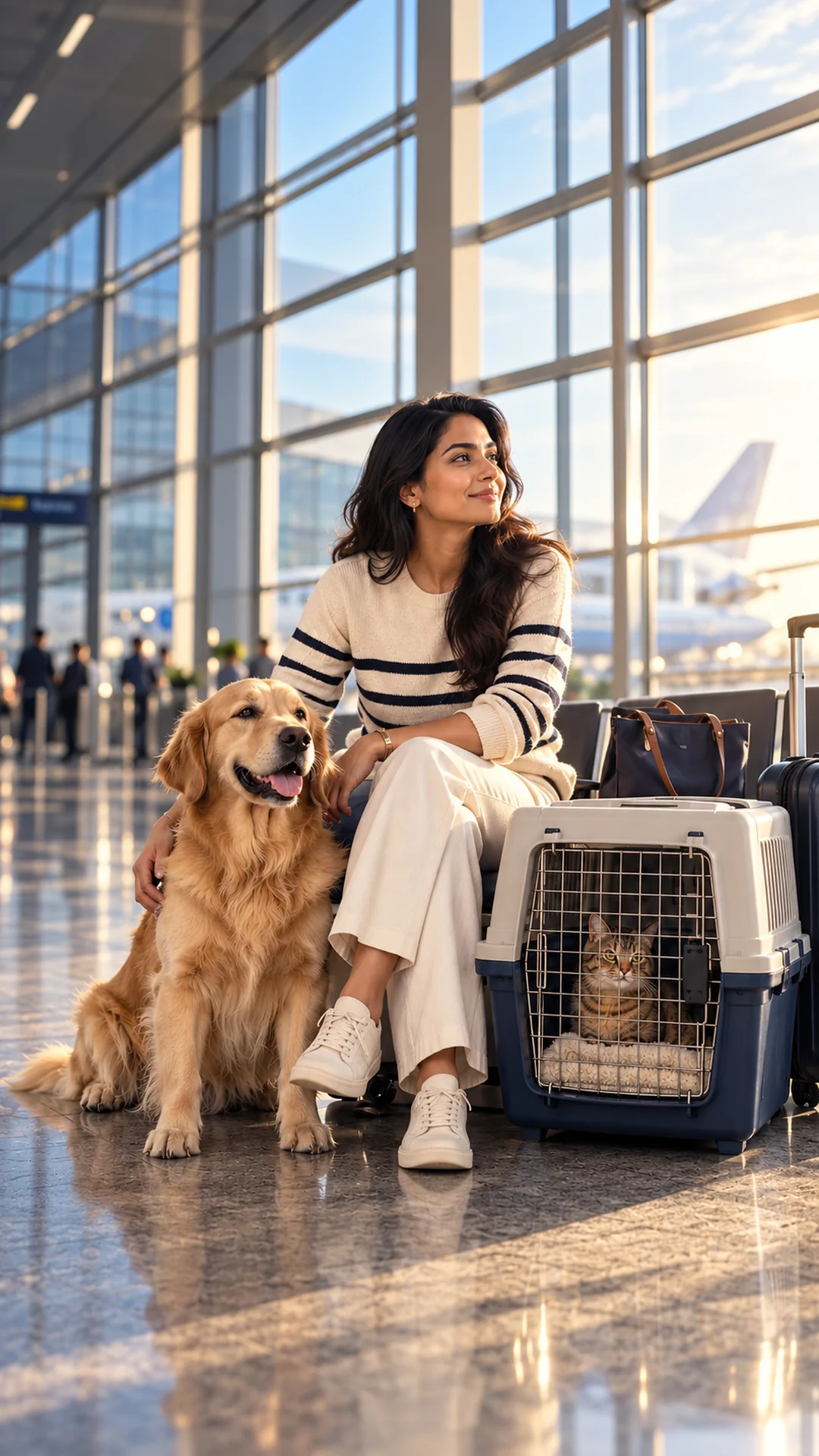AI-generated illustration of a pet owner with a golden retriever and cat in a travel carrier at an airport
