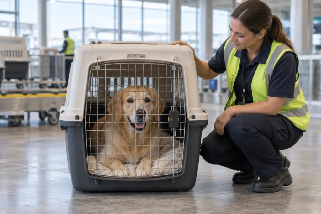 Illustrative international pet relocation scene