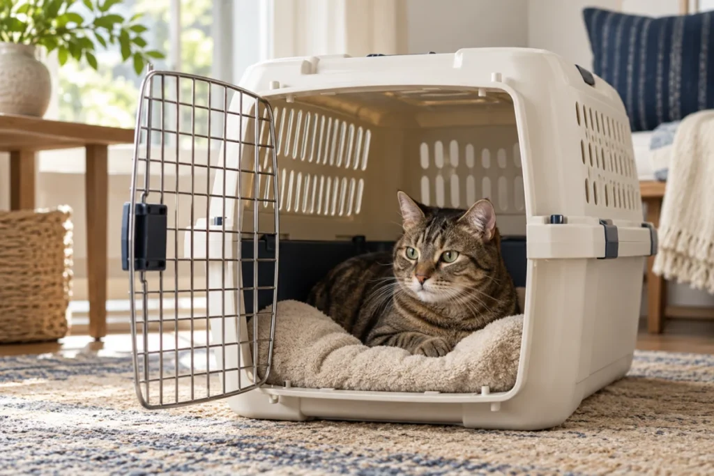 Illustrative travel kennel scene