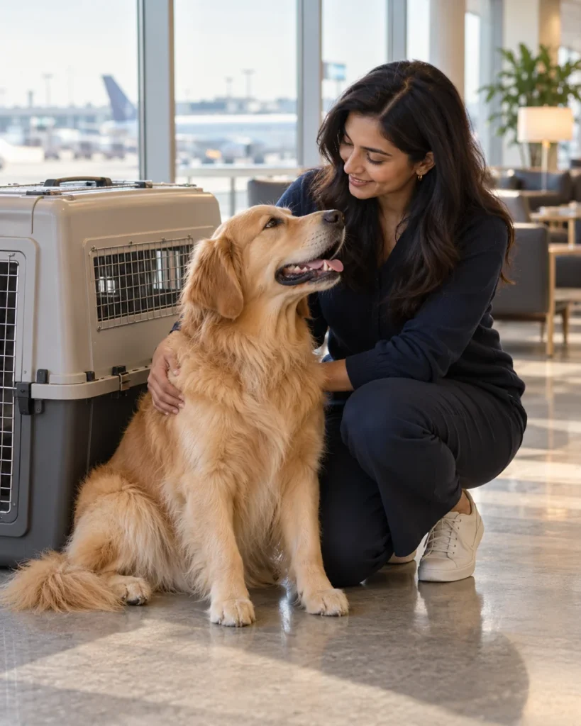 AI-generated illustration of a calm dog with its owner beside a travel kennel at an airport