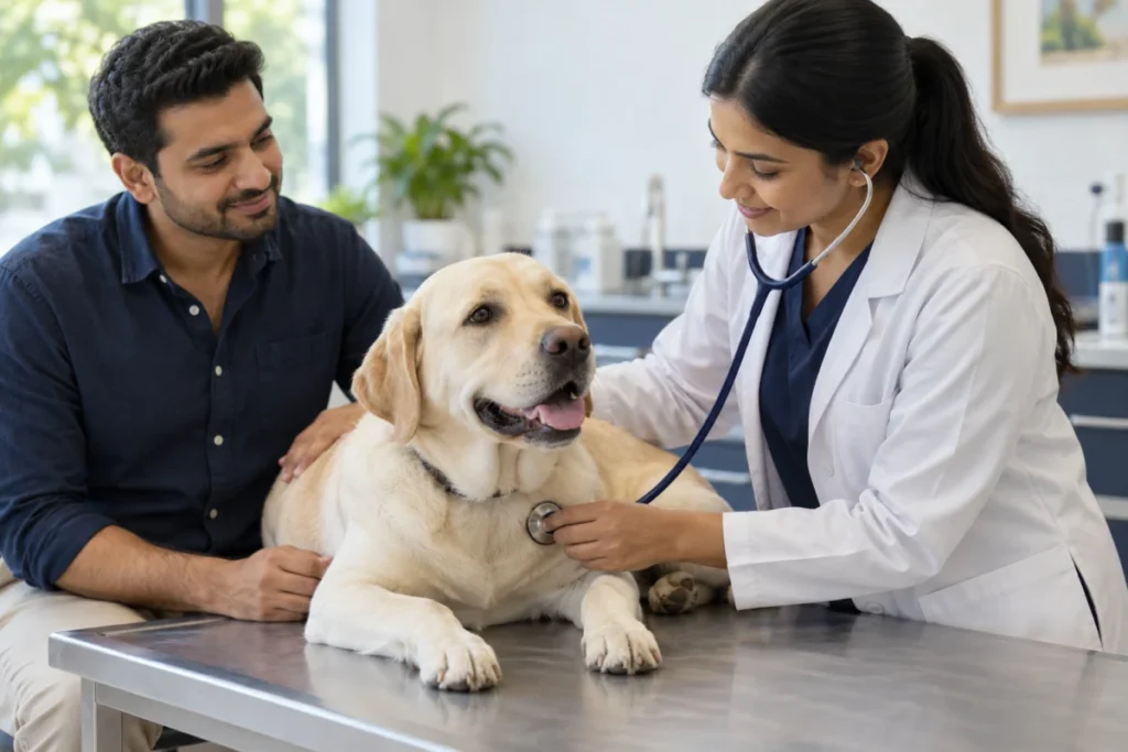 Illustrative veterinary and boarding scene