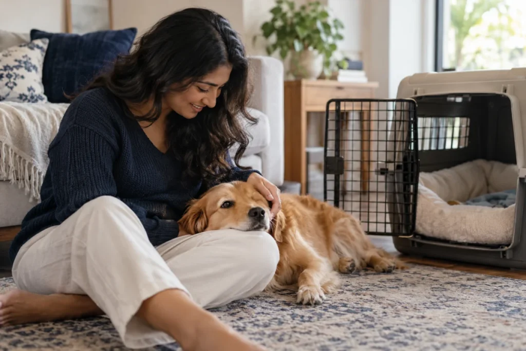 Illustrative relaxed dog resting with its owner beside a travel kennel